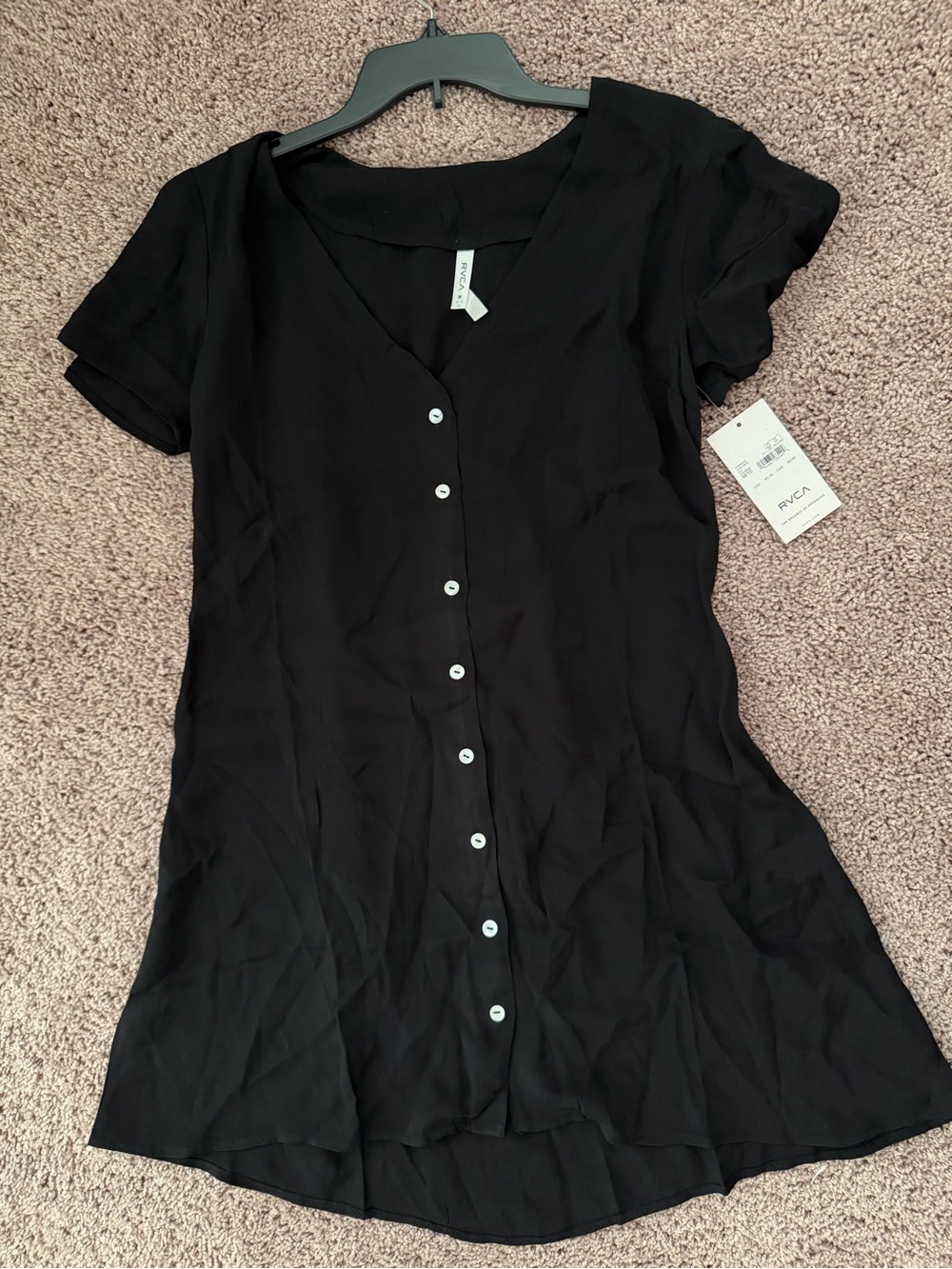 RVCA Black Button-Front V-Neck Short Sleeve Top